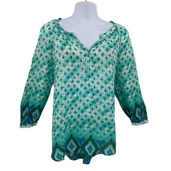 BeachLunchLounge Aqua Azetec Design 3/4 Sleeve Tunic Top Large - Picture 2 of 10